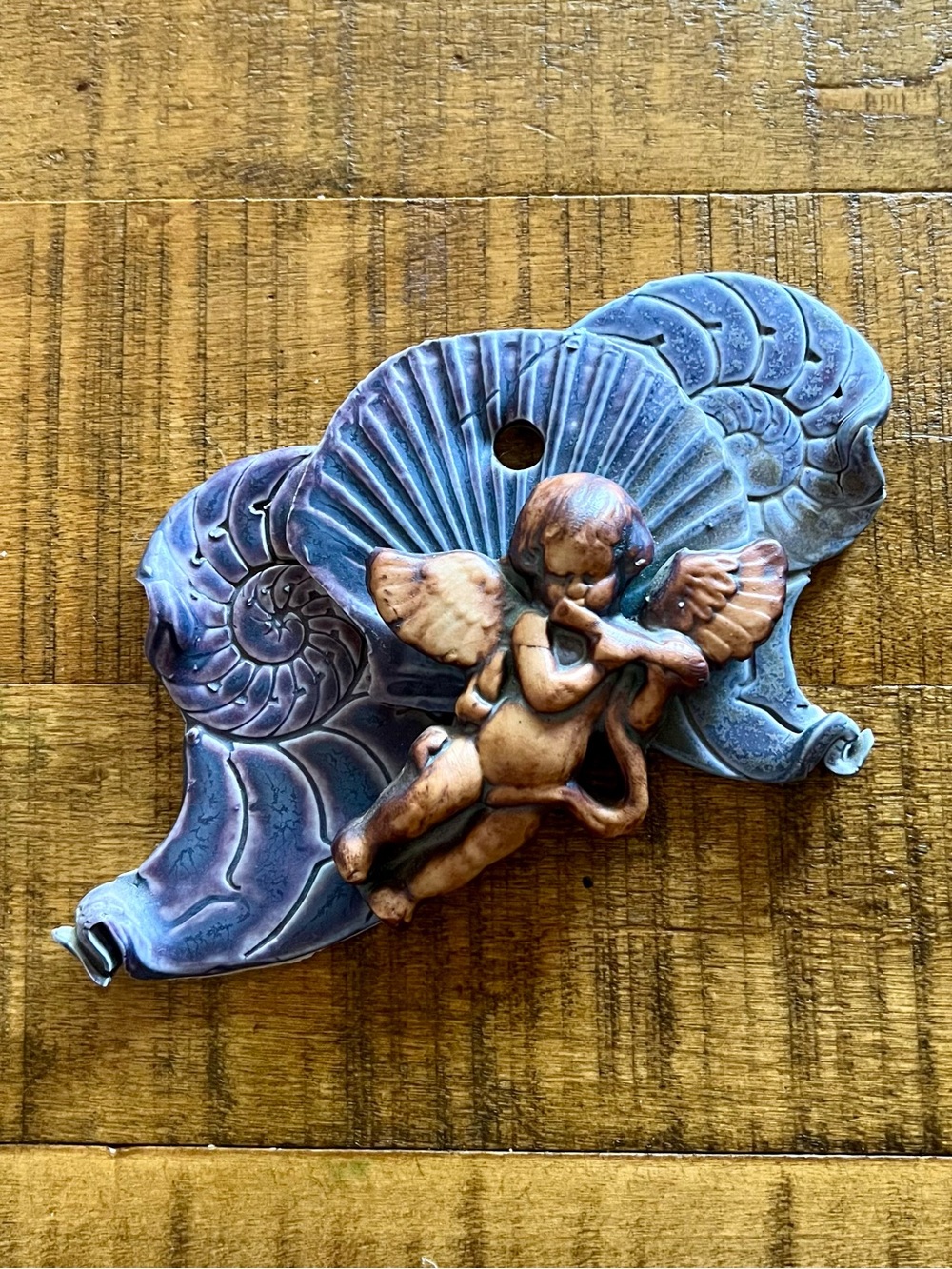 Whimsical Cherub Shell Wall Art Home Decor Plaque Ceramic Goth OOAK